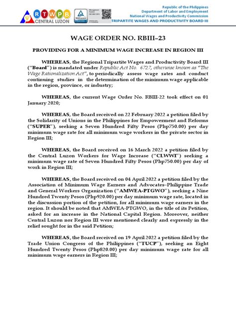 mwr under w.o. no. rbiii-23|Region III Central Luzon Wage Order Minimum Rates .